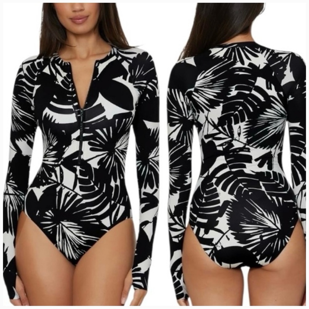 Trina Turk Black and White Leaf Print One Piece